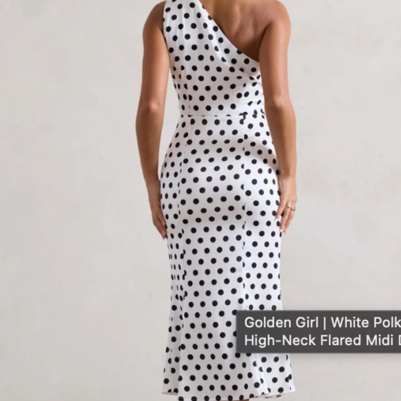 Club London-Golden Girl-White Polka Dot One Shoulder High-neck flared midi dress - Picture 2 of 4